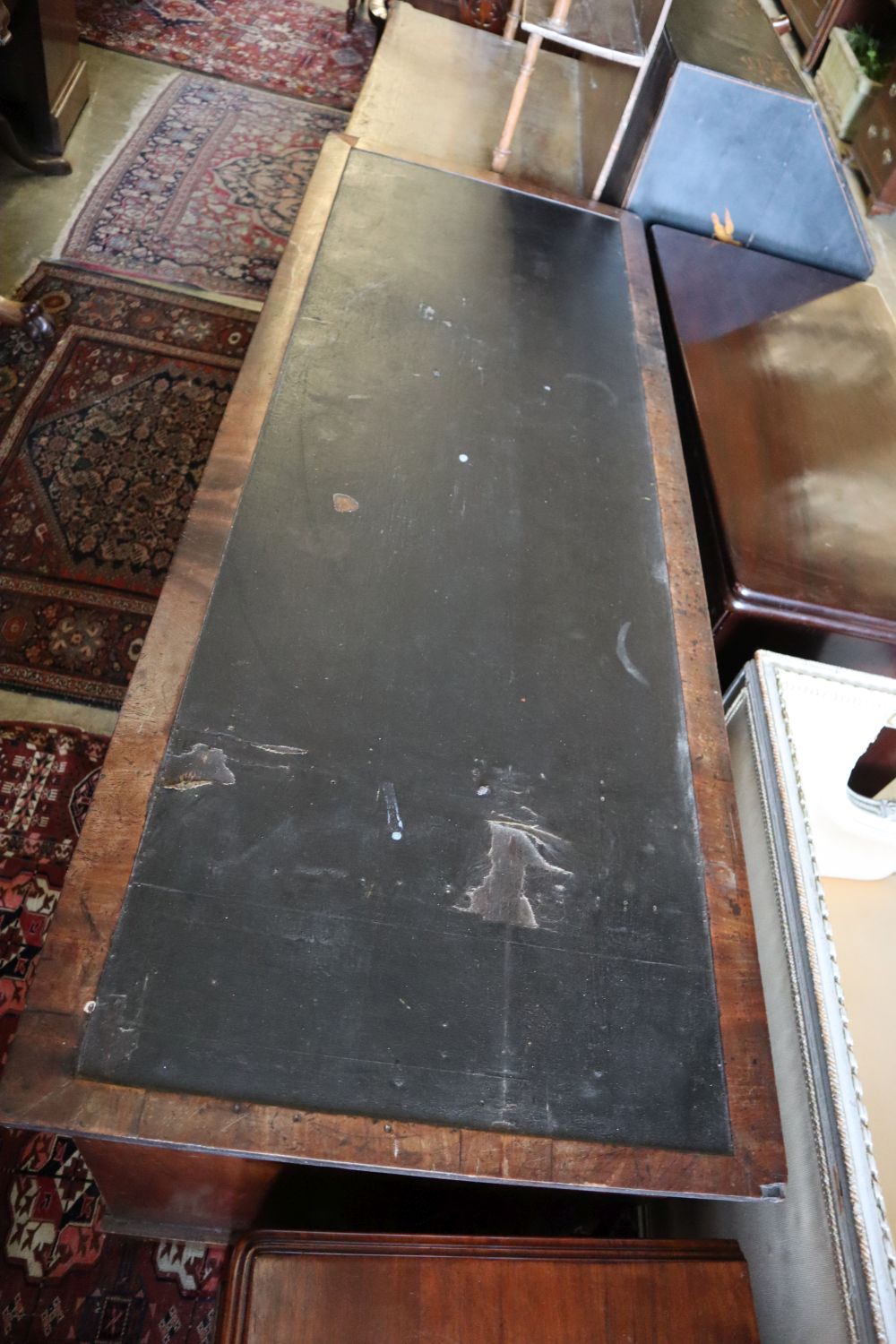 A Victorian mahogany kneehole desk, width 151cm depth 55cm height 76cm